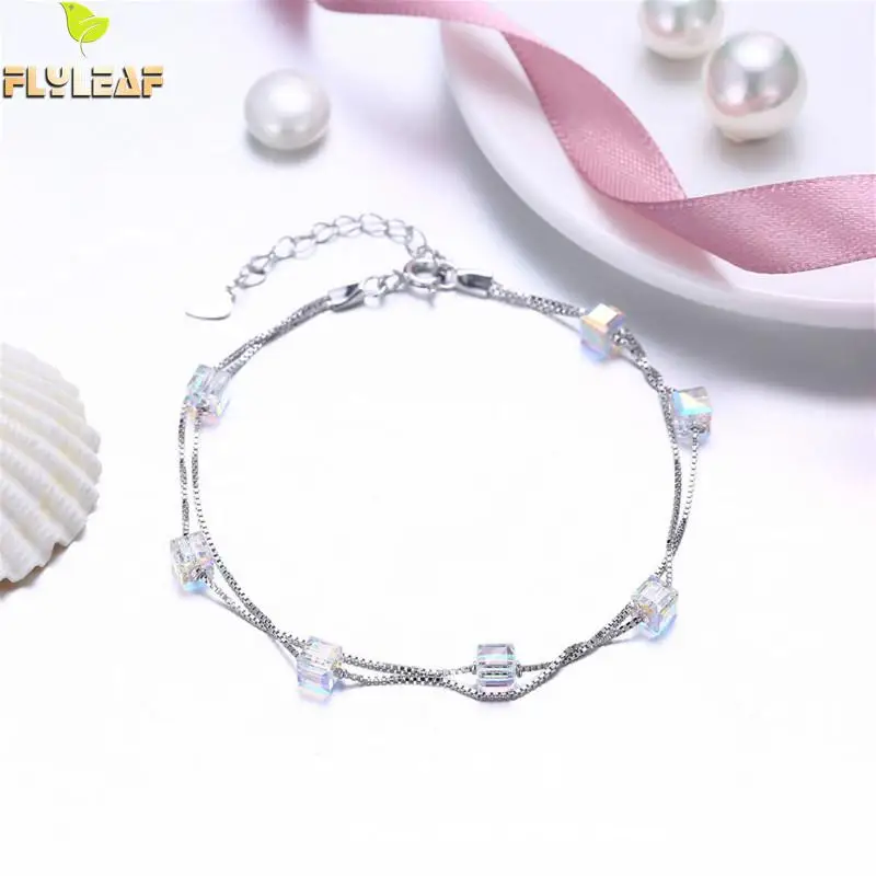

Flyleaf 925 Sterling Silver Sugar Cube Crystal Double Layer Bracelets For Women Simple Fashion Fine Jewelry Bracelets & Bangles