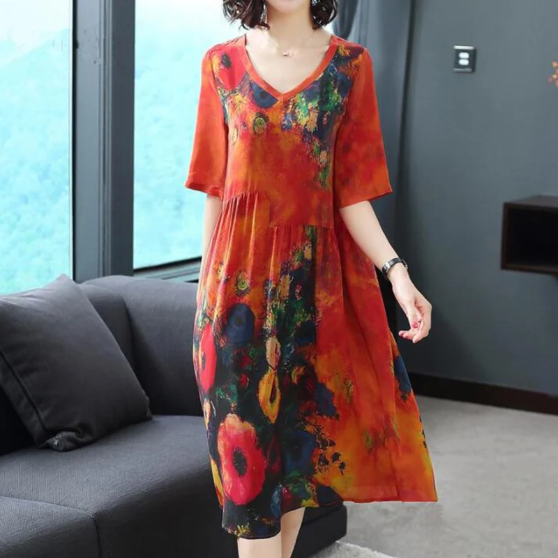 

2019 New Arrival Women Silk Dress Female Summer Half Sleeve V-Neck Vintage Print Dresses Loose Casual Plus Size Vestidos Mujer
