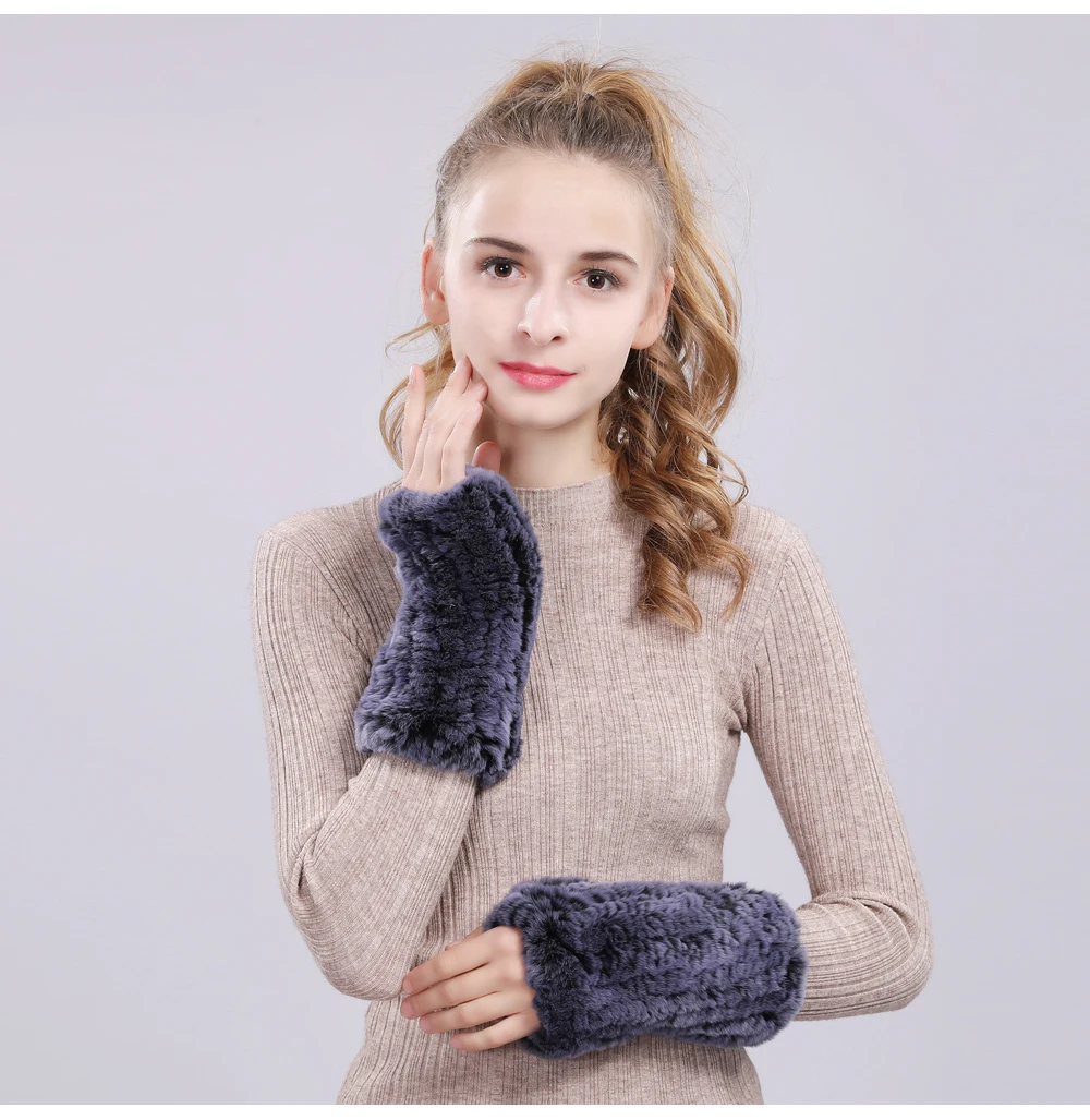 Good Elastic Women Real Genuine Knitted Rex Rabbit Fur Fingerless Gloves Mittens Warm Natural Rex Rabbit Fur Gloves