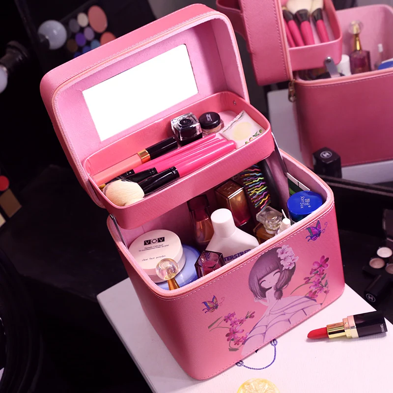 

Women Professional Makeup Organizer Large Capacity Multilayer Cosmetic Bag Portable Suitcase Double Layer Lovely Storage Box