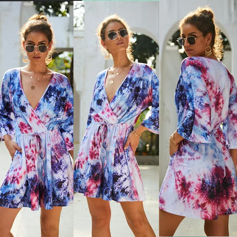 

Colorful Tie Dye Print Wide Leg Jumpsuit Short Sleeve Women V Neck Sexy Loose Romper Printed Mini Pants Playsuits Femme