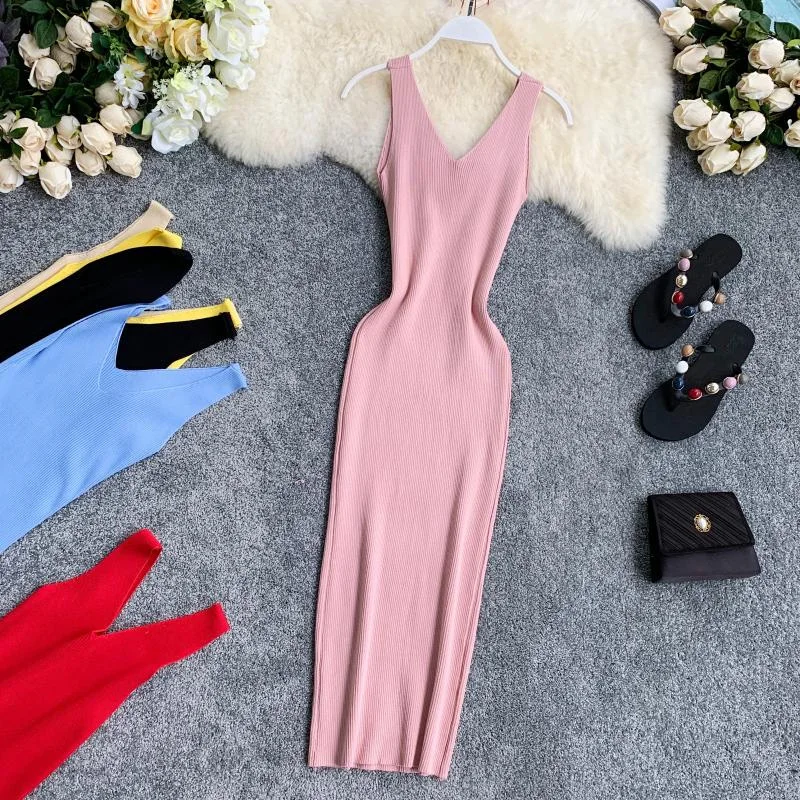 

Summer Sexy Double V-neck Dress Women Casual Party Long Dress Female Solid Colour Elegant Sling Kint Dress Sheath Dresses