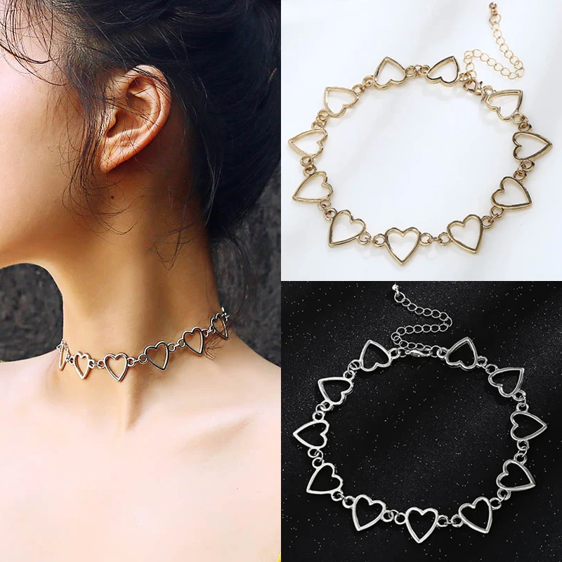 

Korean Sweet 1PC Party High Quality Love Hollow Out Beautiful Adjustable Choker Silver Heart Golden Necklaces Punk Women