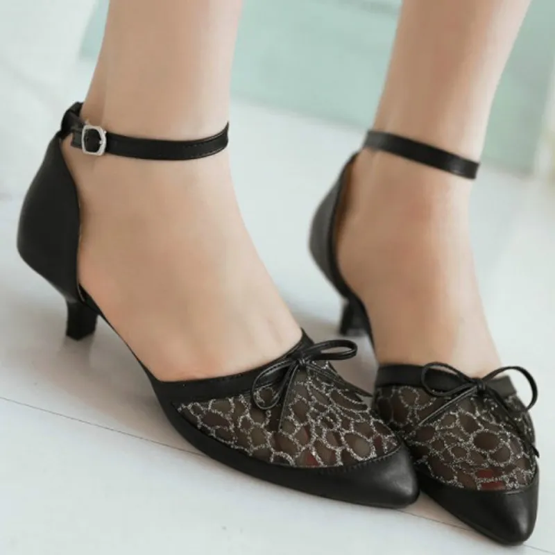 

Womens D'orsay Kitten Heel Sandals Shoes Med Heel Shoes Stable Heel Sandals Pointed Toe Mesh Shoes Black Beige Plus Size 46 Big