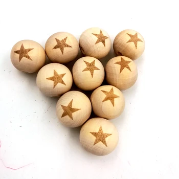 100pcs wood star round ball bead pentagram shaped burnt engrave diy accessory wooden craft jewelry accessory 20mm EA138-1