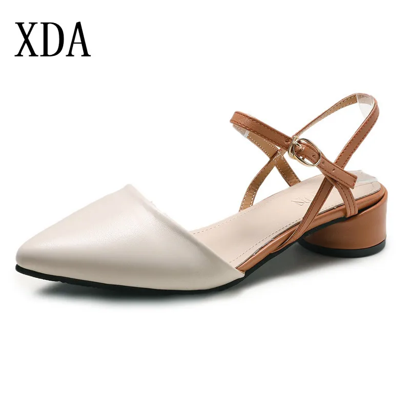 

XDA Women sandals Summer Spring Single Shoes 2019 New Pointed mid heel Fashion sandals Slip on buckles work casual sandals D366