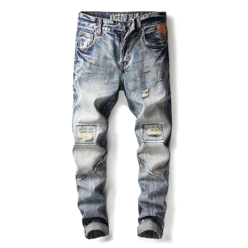 

Italy Style Fashion Men Jeans Slim Fit Destroyed Ripped Jeans For Men Streetwear Hip Hop Pants hombre Spliced Biker Jeans homme