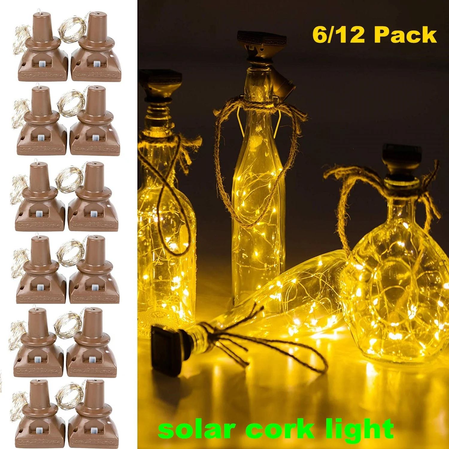 Solar Powered Wine Bottle Lights, 6/12 Pack 20 LED Waterproof Warm White Copper Cork Shaped Lights for Wedding Pathway Decor