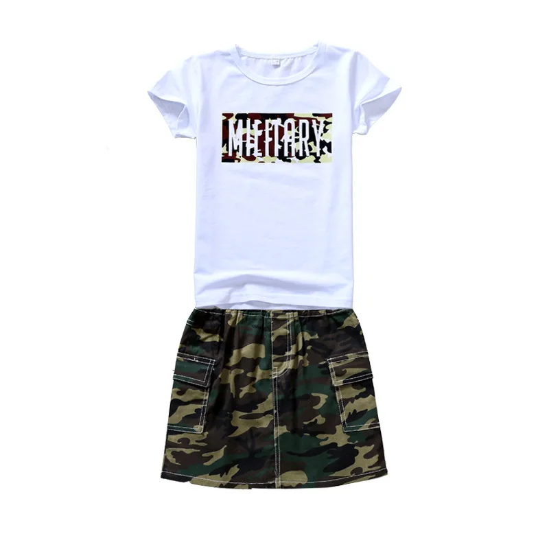

Boy and girl summer new two-piece suit Children's letter pattern camouflage two-piece Short-sleeved T-shirt pants or skirt suit