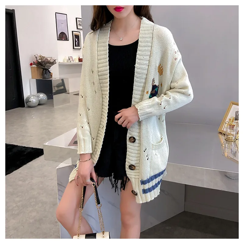 

CBAFU autumn winter cardigans women sweater cartoon embroidery poncho single breasted knit harajuku tops outwear knitted P260