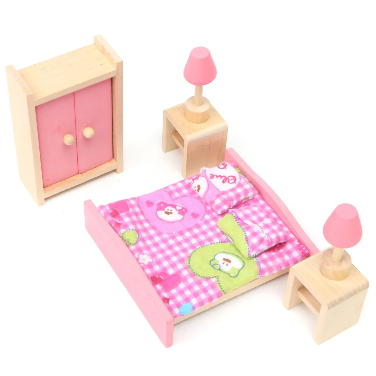 

Wooden Delicate Dollhouse Furniture Toys Miniature For Kids Children Pretend Play 6 Room set/4 Dolls Toys