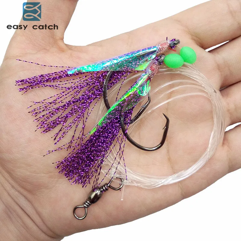 40pcs=20packs Fish Skin Bait Sabiki Rigs 2 Arm Big Hooks Sea Fishing Purple Flasher Bait Rigs