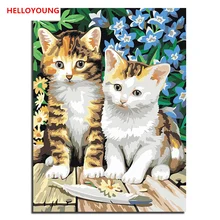 HELLOYOUNG DIY Ручная роспись маслом две кошки цифровая живопись по номерам Масляные картины китайские картины-свитки