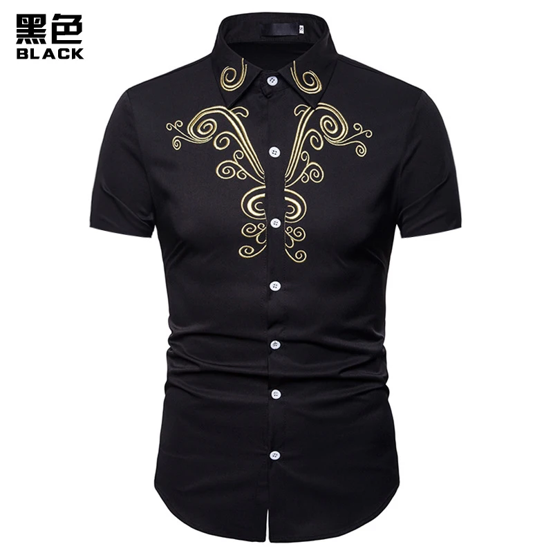 FFXZSJ Летняя мода тотем вышитые рубашки slim fit короткий рукав Camisas в новая кнопка Повседневная рубашка Этническая рубашка для мужчин - Цвет: DA12-black
