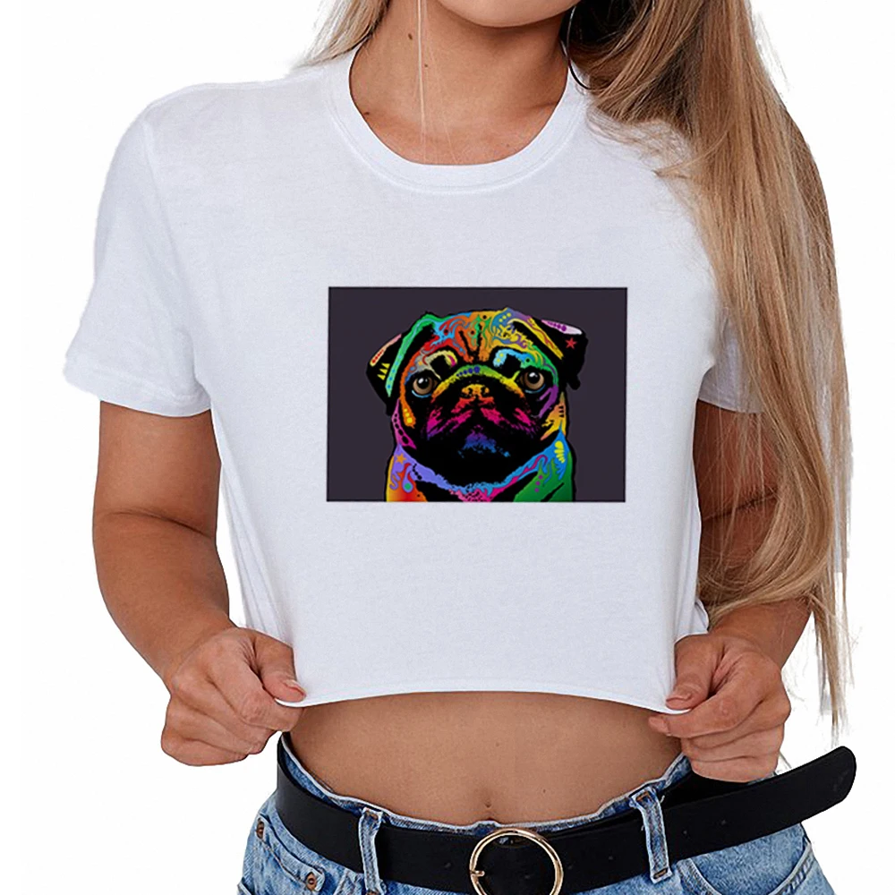 Summer 2018 Oversized Women Crop Top Pug Dog Graphic Tee Shirts