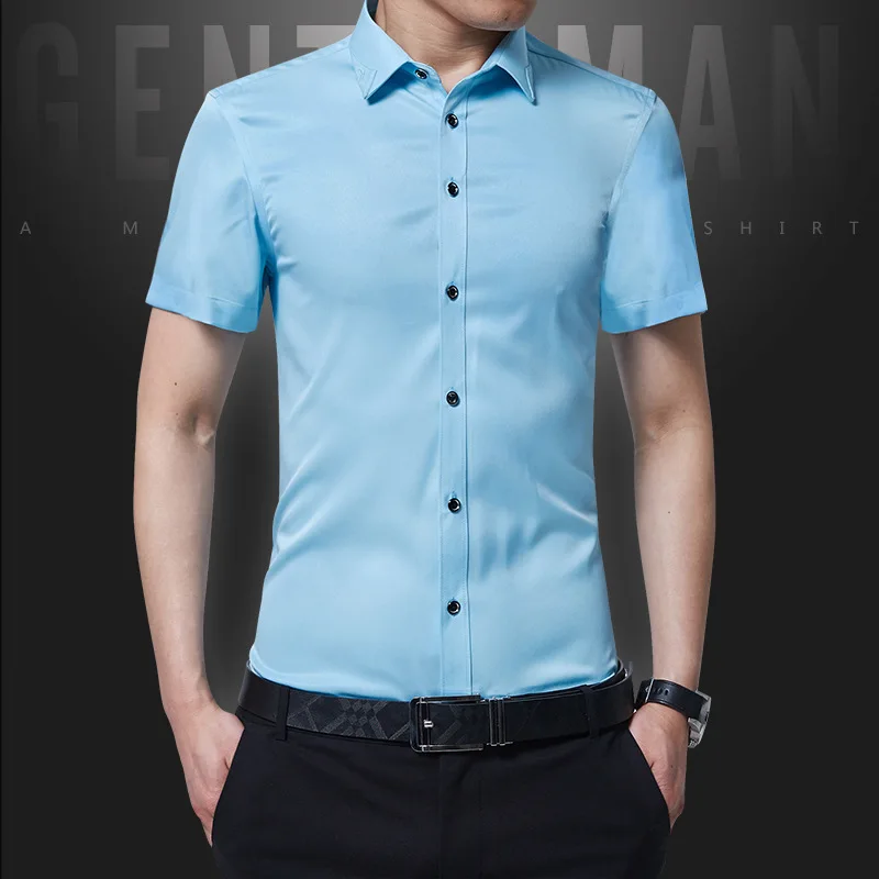 

1pcs Men's plus size Slim fit shirts 2017 Summer Cotton blended Thin short sleeves dress shirts Men Skinny shirts overhemd boys