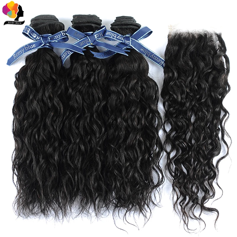 

Natural Black Color Water Wave 3 Bundles With Closure Brazilian 100% Human Hair Bundles With Closure Thick Remy Bundle No Tangle