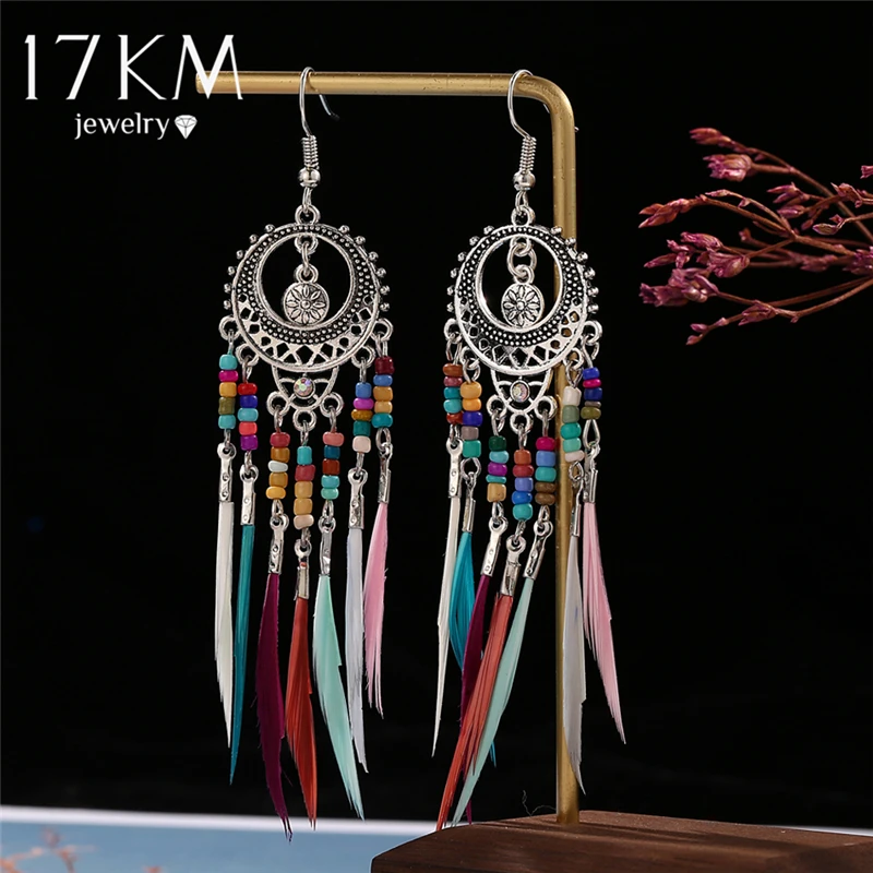 17 км богемные длинные висячие серьги с перьями для женщин винтажные с бахромой этнические массивные Серьги Pendientes женские ювелирные изделия