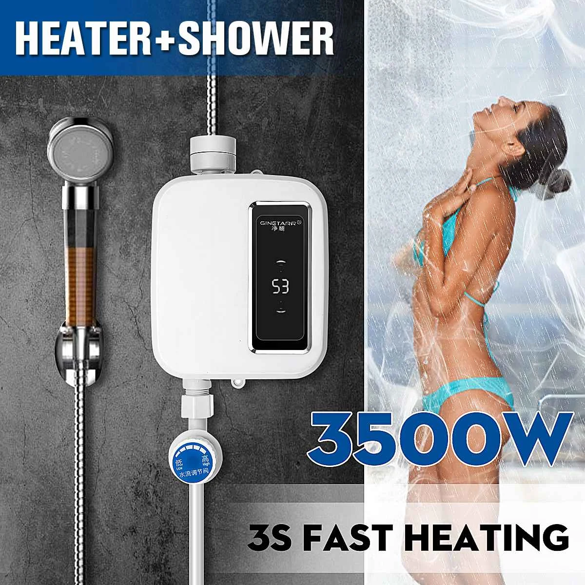 

3500W Electric Water Heater Instant Tankless Water Heater 110V/220V Temperature display Heating Shower Universal LCD display
