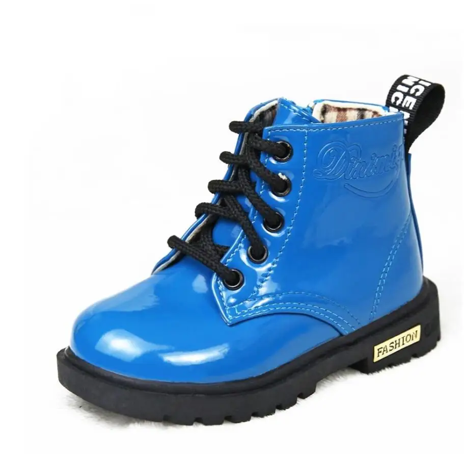Новая зимняя детская обувь водонепроницаемые ботинки martin из искусственной кожи для мальчиков и девочек Горячая Распродажа резиновый модные зимние сапоги детские кроссовки - Цвет: Blue with fur