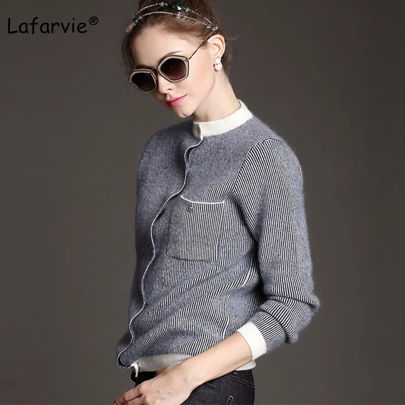 Lafarvie O Neck Knitted Winter Cashmere Sweater Women Cardigan Stripe Long Sleeve Single-breasted New Fall Winter Casual Jumper