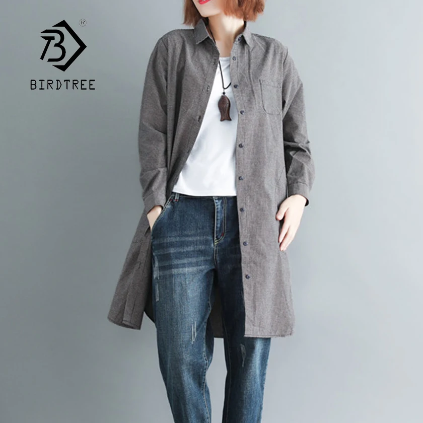 

New Arrival Women Solid Long Blouse Full Sleeve Button Up Female Dark Gray Pockets Shirt Turn-Down Collar Top T96416F