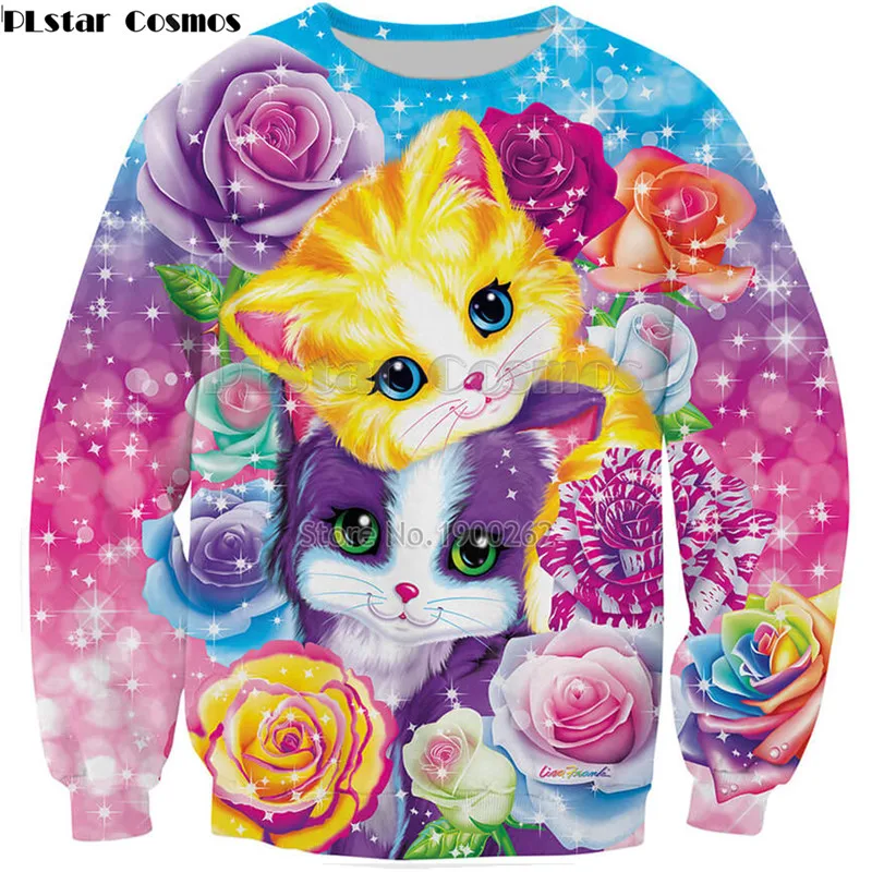 PLstar Cosmos-Sudadera con capucha de gatito y rosas para Lisa Frank, top de manga larga con cuello redondo de dibujos animados, nuevo estilo