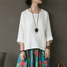 SCUWLINEN женские топы винтажная ручная вышивка с круглым вырезом с длинным рукавом Twill Рубашки из рами X01813