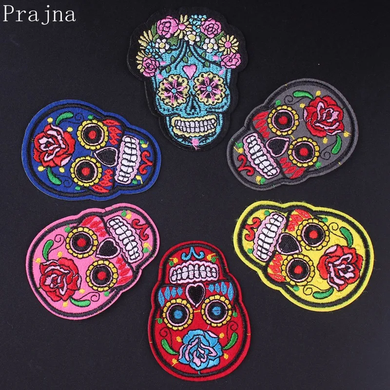 

Prajna Sugar Skull Patch Iron On Embroidered Patches For Clothing DIY Stripes Applique Clothes Patches Stickers On Clothes Badge