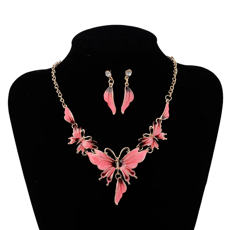 

Pink Blue Butterfly Drop Earrings Necklace Jewelry Sets for Girls Children Gold Metal Jewelry Kids Gifts Wholesale VP661