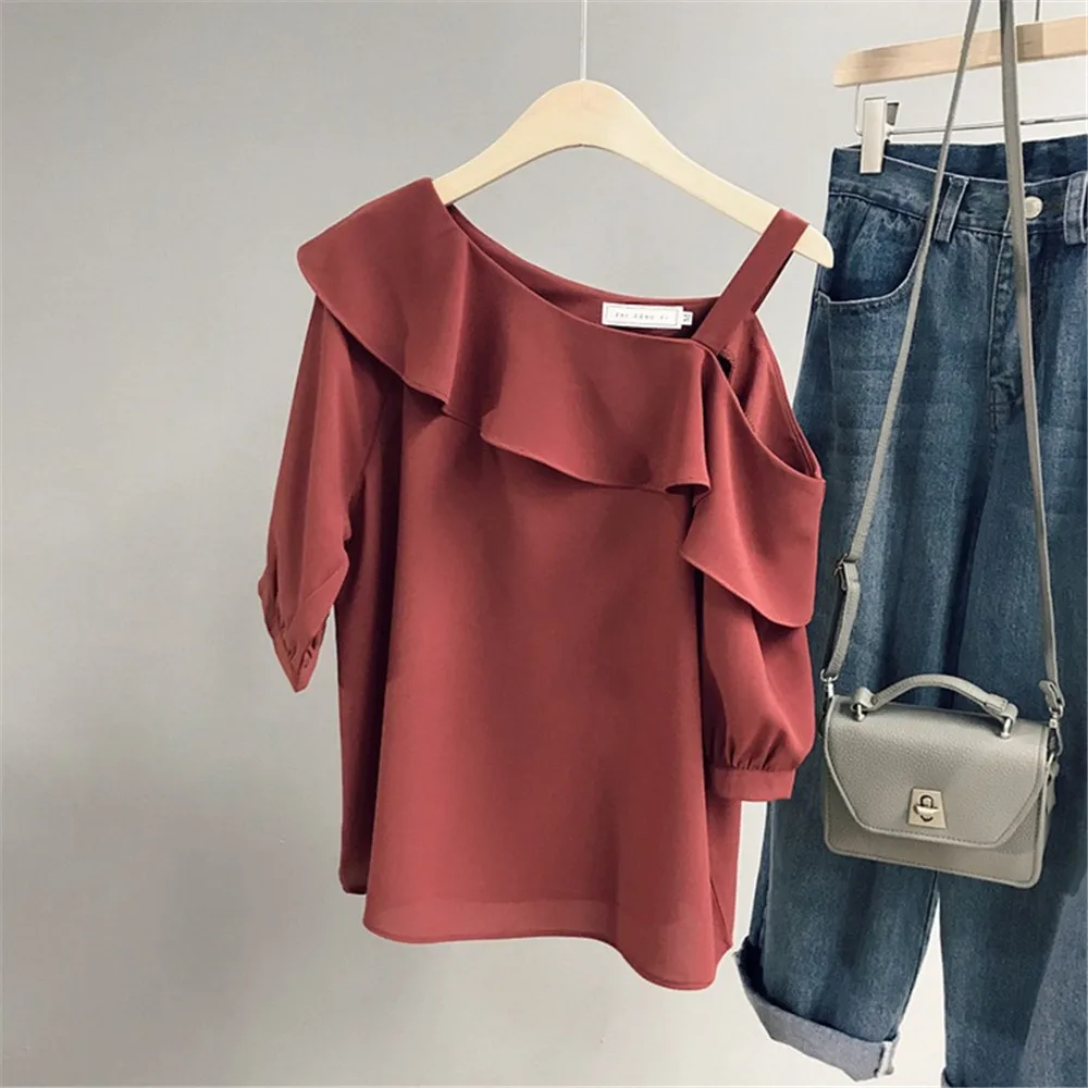 Chiffon Office Work One Shoulder Shirt Blouse Lady Ruffles Blouse Women Summer Shirts Casual Blusas Mujer Blouses Volantes (3)