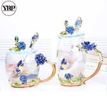 YRP Голубая роза эмалированная Хрустальная чашка цветочный чай стеклянная Высококачественная стеклянная чашка для воды кружка в цветочек ручка одна кристальная кофейная кружка