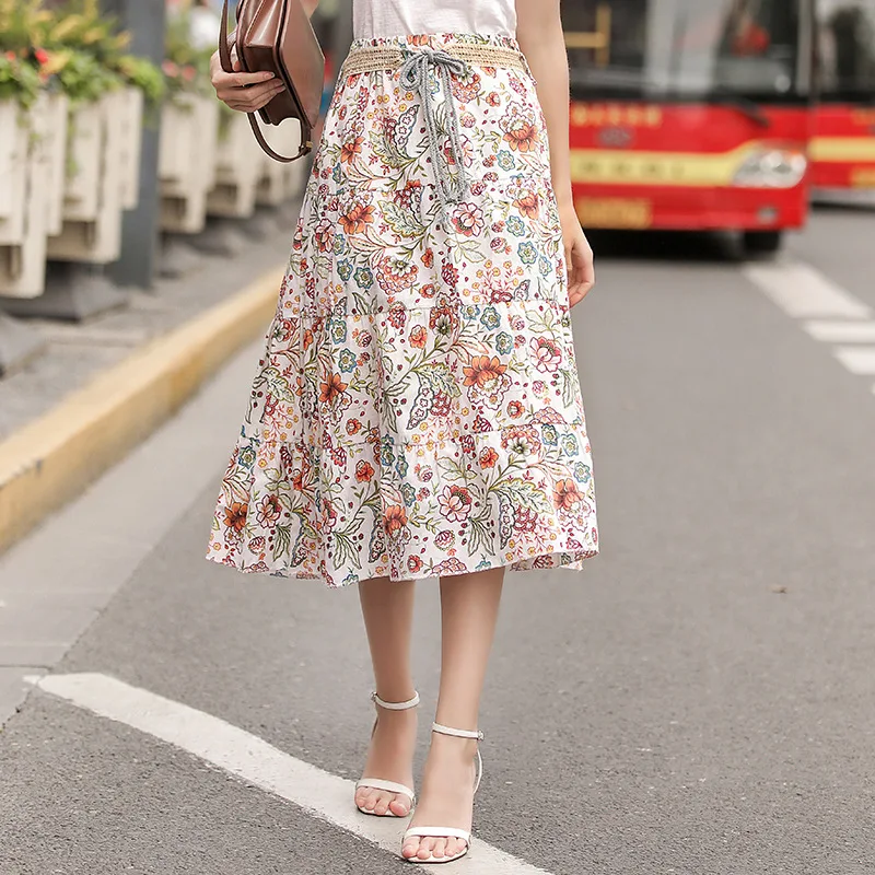 

AcFirst Summer White Bohemian Women Fashion Sexy Skirt High Waist Skirt Flower Printed Long Skirts Beath A-Line Sashes