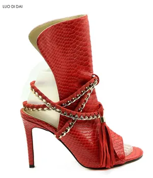 

2019 cool style ladies ankle boots summer gladiator sandals boots thin heel booties runway shoes snake skin print booties chains