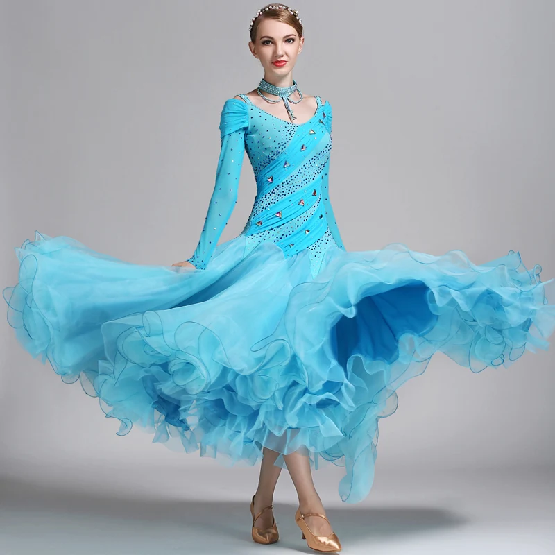 Ballroom Competition Dance Dresses Women Lake Blue Waltz Tango Dancing