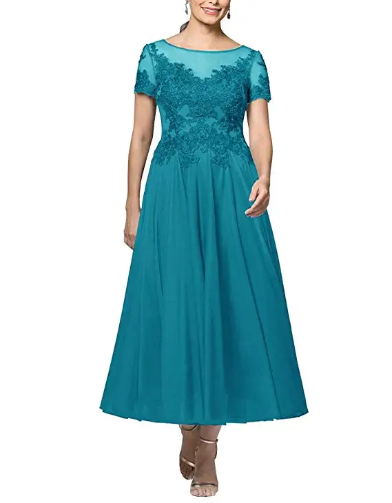

Women's Chiffon With Lace Appliques Tea Length Mother Of The Bride Dress Short Sleeves Evening Growns Vestido Madre De La Novia