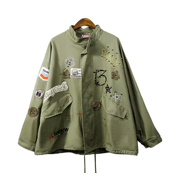 

2018 Army Green Cotton Coat Women Jacket Coat Fashion Bomber jacket Embroidery Applique Rivets Oversize Women Coat