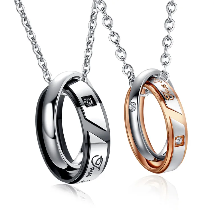 

Double Circle Pendant Necklace Couple Crystal Titanium Steel Necklaces for Man Woman Popular Jewelry Accessories