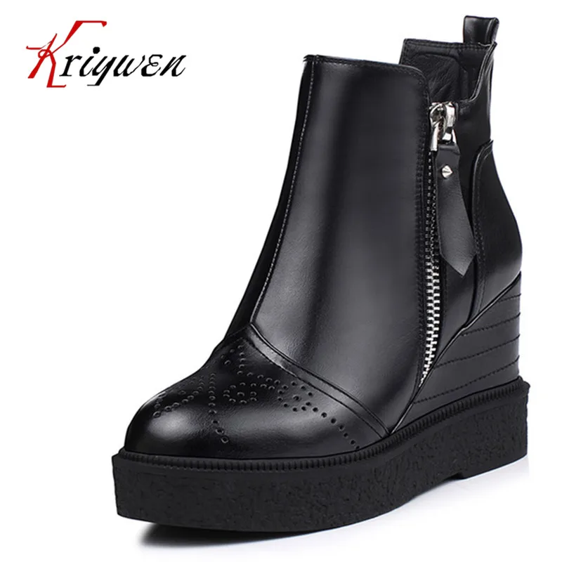 

2017 New Fall winter black blue Platforms Shoes double zip Women's ankle Boots wedges round toe woman femmes leisure shoes