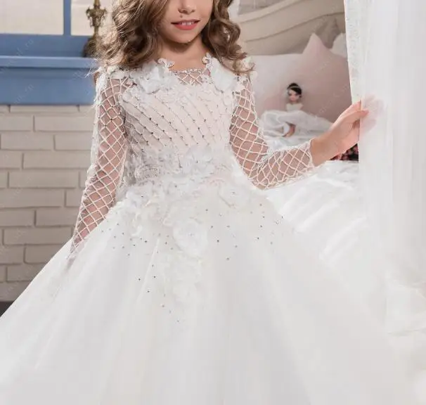 Принцесса кружевная, с прорезями в виде цветов платье для девочек на свадьбу 2019 новое платье с длинными рукавами для дня рождения бальное