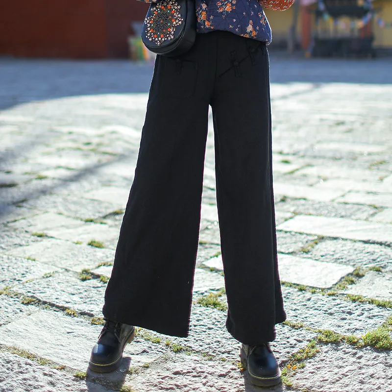 Cintura Fleece rojo Mujer Algodón Color Retro Vintage Negro Sólido Pantalones Warm Elástica Winter Mujeres wqSOEXw