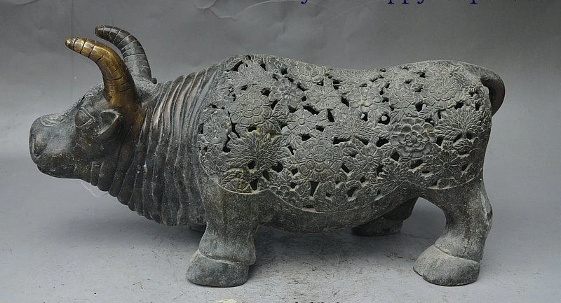 

17" Old China FengShui Palace Bronze Hollow Flower Bull Ox Statue Incense Burner