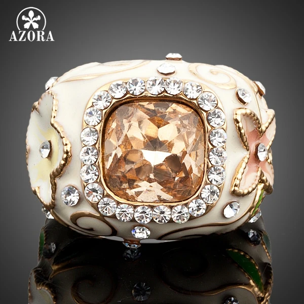 

AZORA Gold Color Stellux Austrian Crystal Flower and Green Leaves Design Ring TR0004