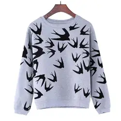 М-XL серый Для женщин Весна Толстовка 2016 стильные милые Ласточка печати Толстовки пуловер с длинными рукавами Топы корректирующие