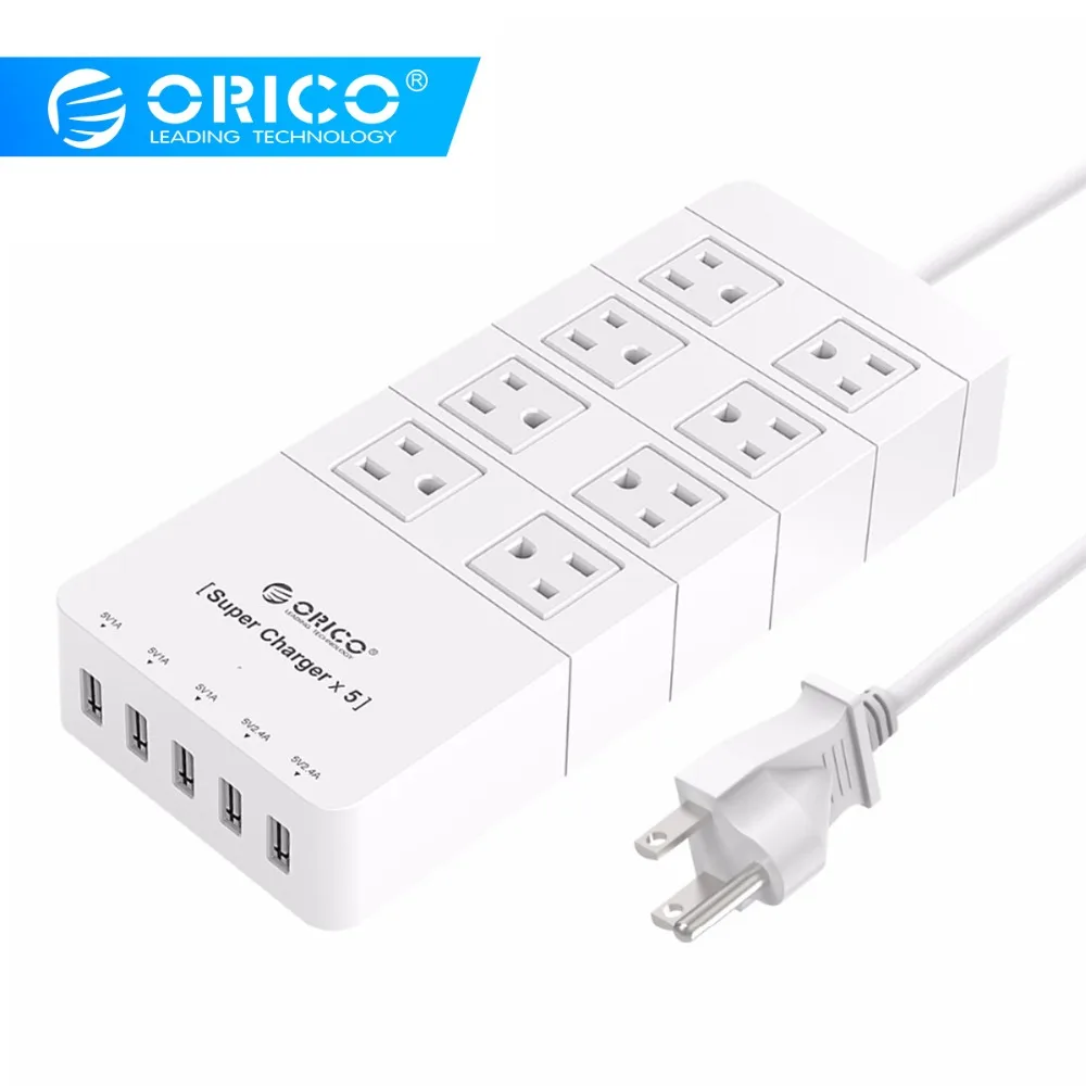 

ORICO HPC-8A5U-US White Family Size 8 Outlet Surge Protector Power Strip with 5 Port 40W USB Charger for iPhone 6s/6/6 plus