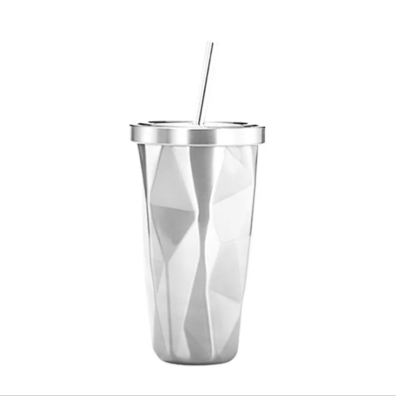 500 мл нержавеющая сталь Горячая и холодная кружка с двойными стенками чашки высокий стакан с соломинкой кофе кружки нерегулярные алмаз с крышкой и соломинкой - Цвет: Silver