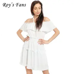 Roy поклонников модные летние женские платье с коротким рукавом с плеча Slash шеи оборками Сладкий платье для женщин белый