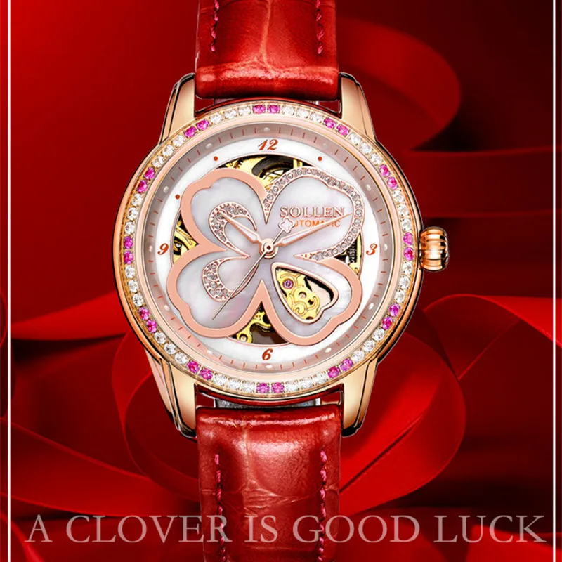 

reloj mujer Skeleton Women Watch Luxury Brand SOLLEN Lucky Clover Women Automatic Mechanical clock Women Diamond Dress Watches