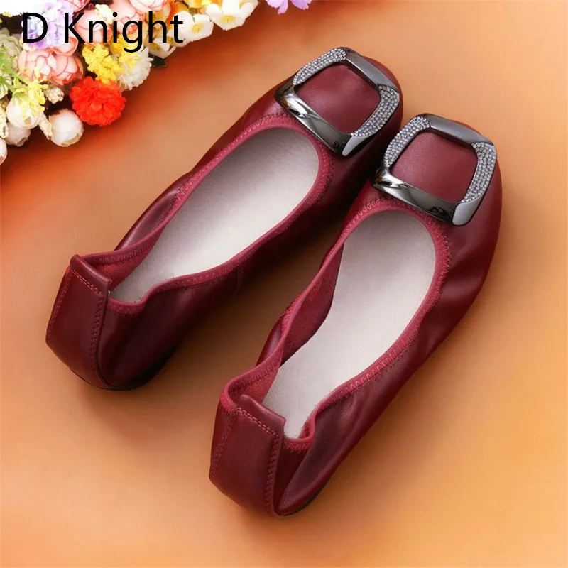 Comfortab Women's Flat Shoes Large Size 12 Genuine Ballet Leather Footwear for Women Csytal Metal Decoration Female Loafer Shoes (20)