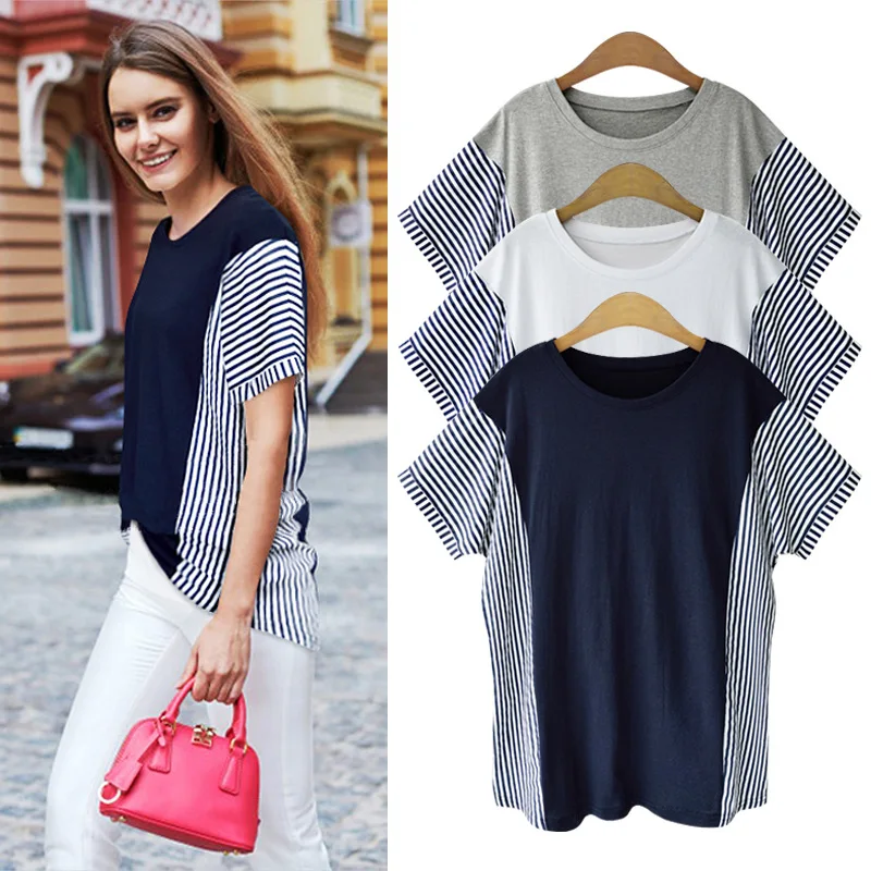 

Cotton T-shirt Women New Patchwork plus size O-Neck Striped Female T-Shirt White Casual Basic Classic Tops